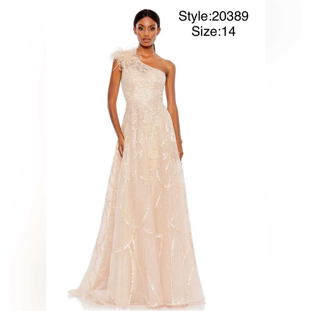 Feathered one shoulder A-line embroidered long gown